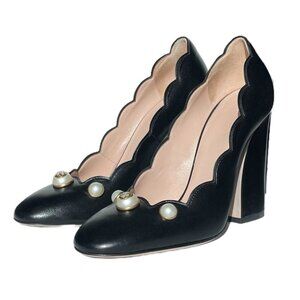 Gucci Women's High Heel Shoes Malaga Kid Pearl Embellished Willow Loafer 37.5